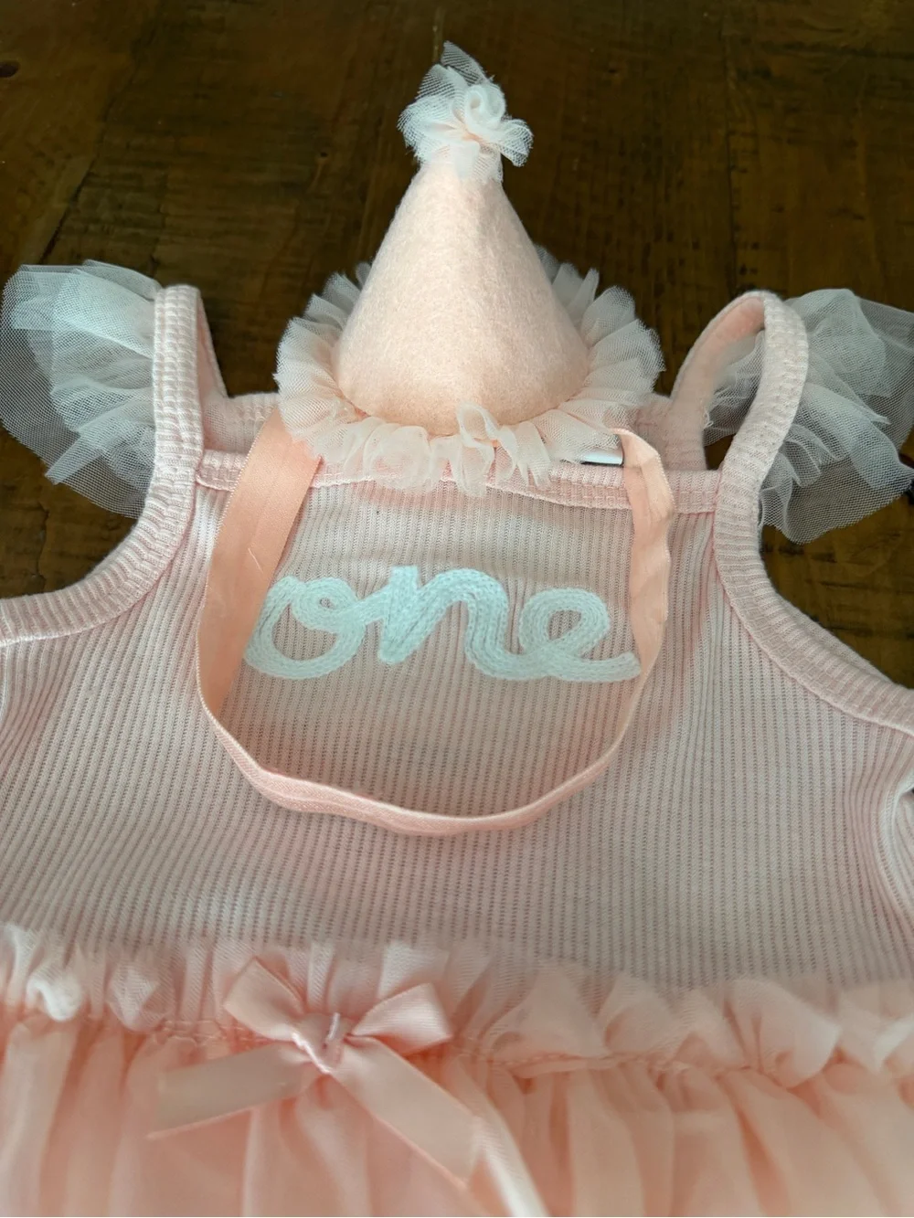 First Birthday peach dress with party hat
